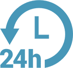 Blue icon of a clock with an arrow around it, indicating 24-hour service.