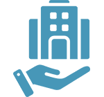 Blue icon of a hand holding a building.