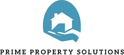 Logo for Prime Property Solutions featuring a blue icon of a house on an open hand, with the company name in black text below.