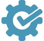 Blue gear icon with a checkmark inside.