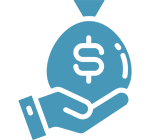 Blue icon of a hand holding a money bag with a dollar sign on it.