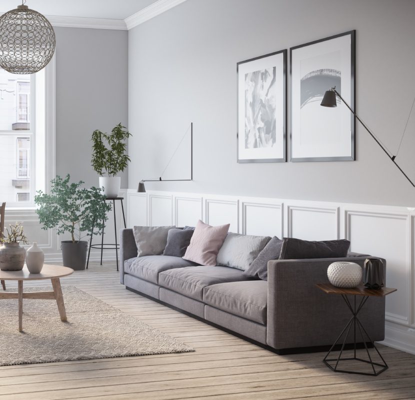 A living room with a couch and a table